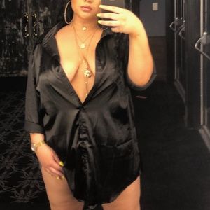 Plus Black Satin Button Front Shirt Dress